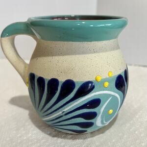 VTG Mexican Pottery Redware Mug Stoneware Blue Green Leaf Design Tequila Mexico